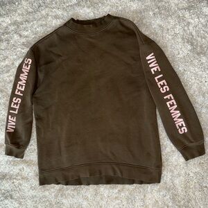 Womens Brown Green Long Sleeve Pullover French Words